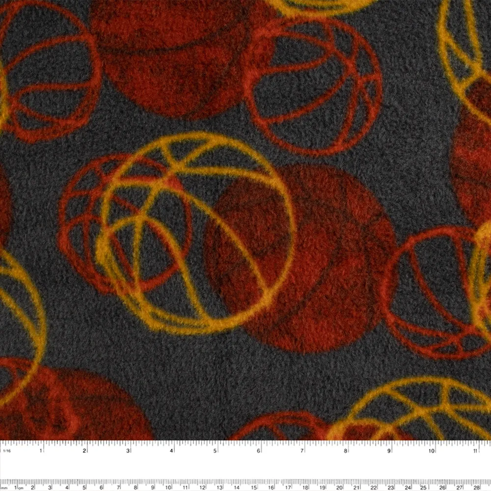 Anti Pill Fleece Print - FRESH -  Basketballs - Charcoal / Brick