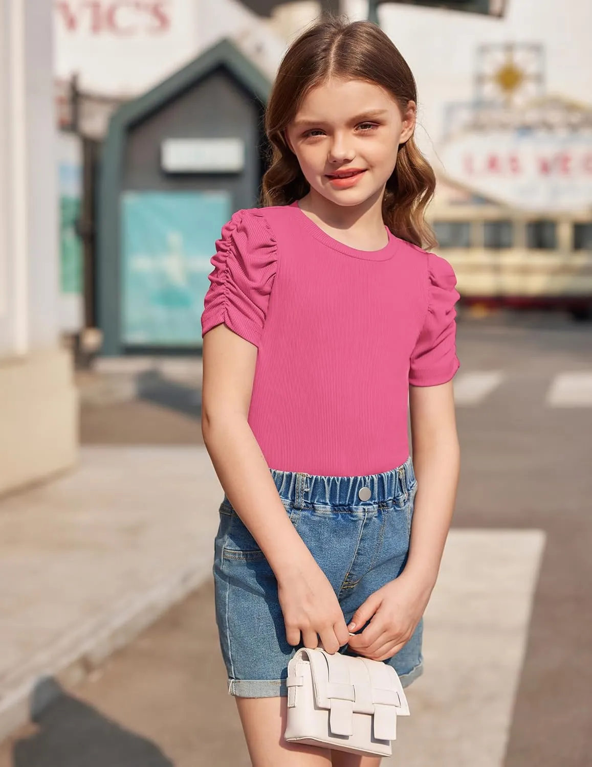 Arshiner Girls Puff Short Sleeve Shirts Summer Ribbed Knit Tee