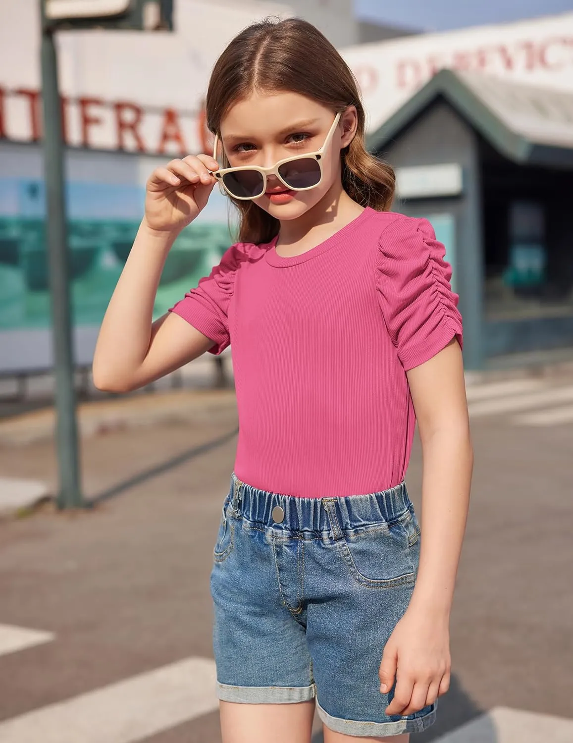 Arshiner Girls Puff Short Sleeve Shirts Summer Ribbed Knit Tee