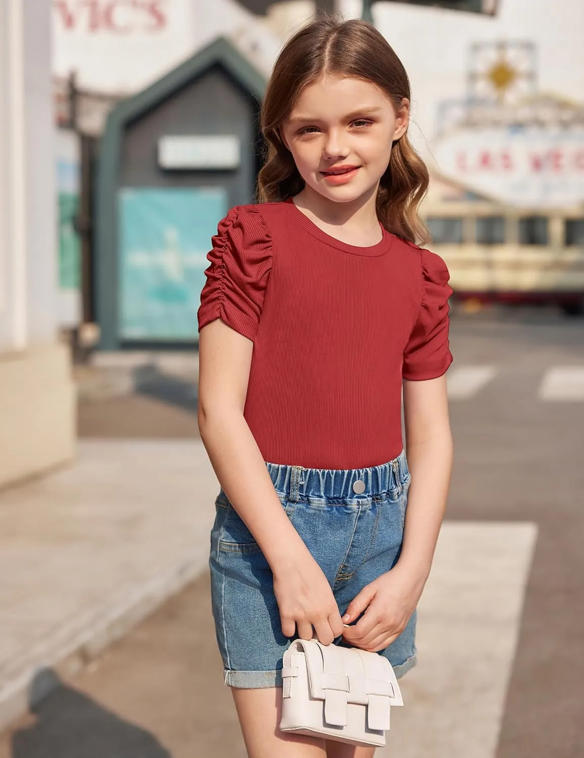 Arshiner Girls Puff Short Sleeve Shirts Summer Ribbed Knit Tee