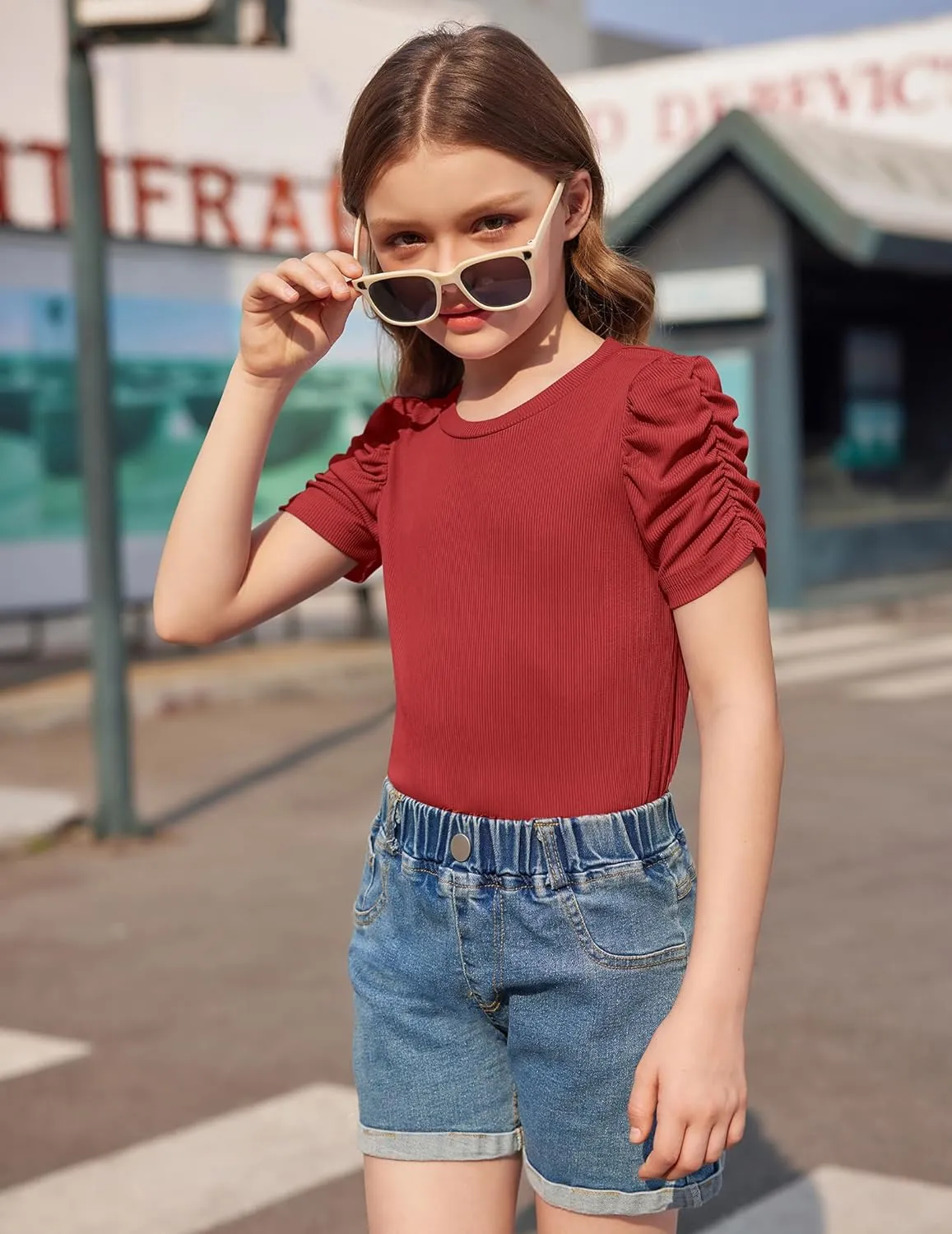 Arshiner Girls Puff Short Sleeve Shirts Summer Ribbed Knit Tee