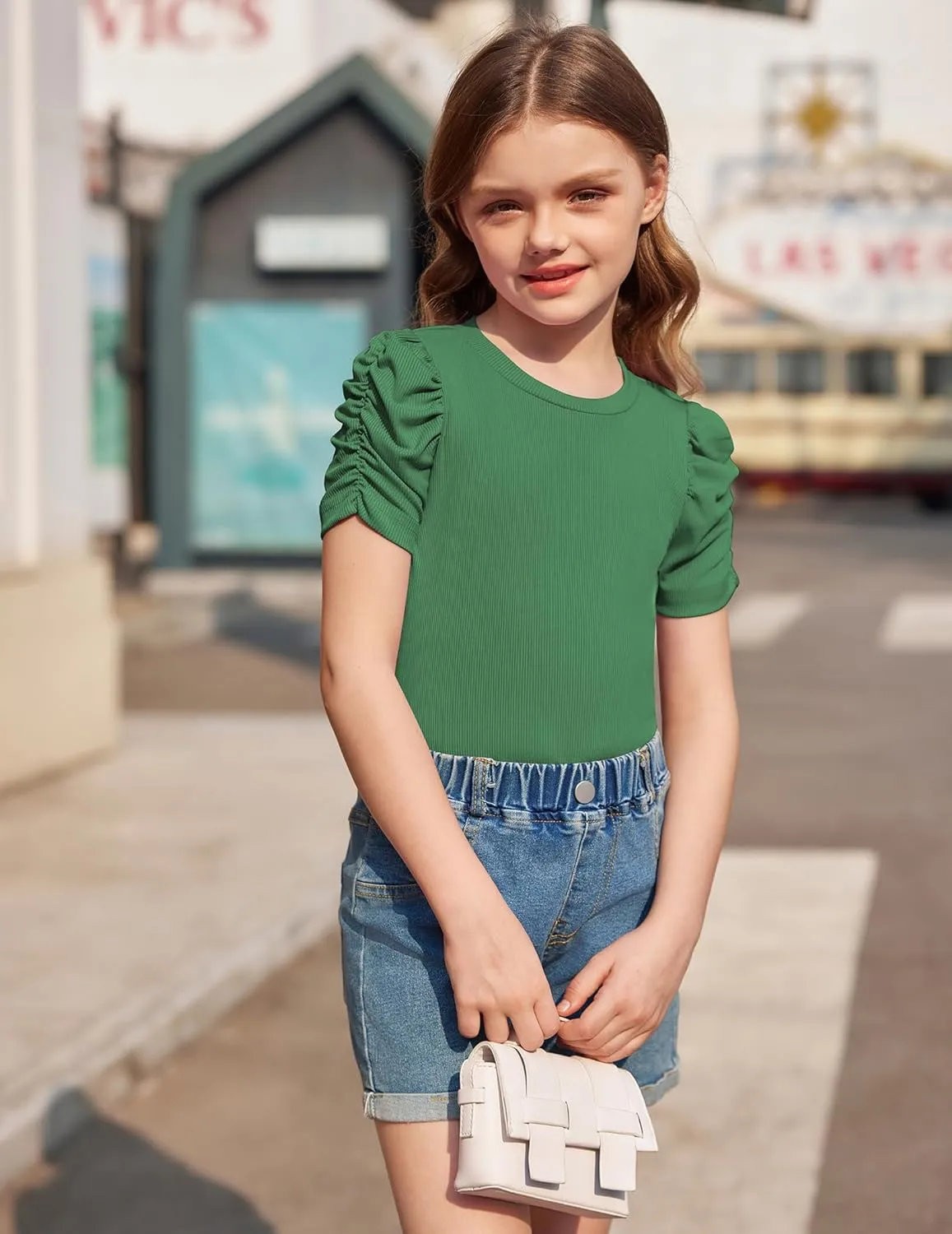 Arshiner Girls Puff Short Sleeve Shirts Summer Ribbed Knit Tee