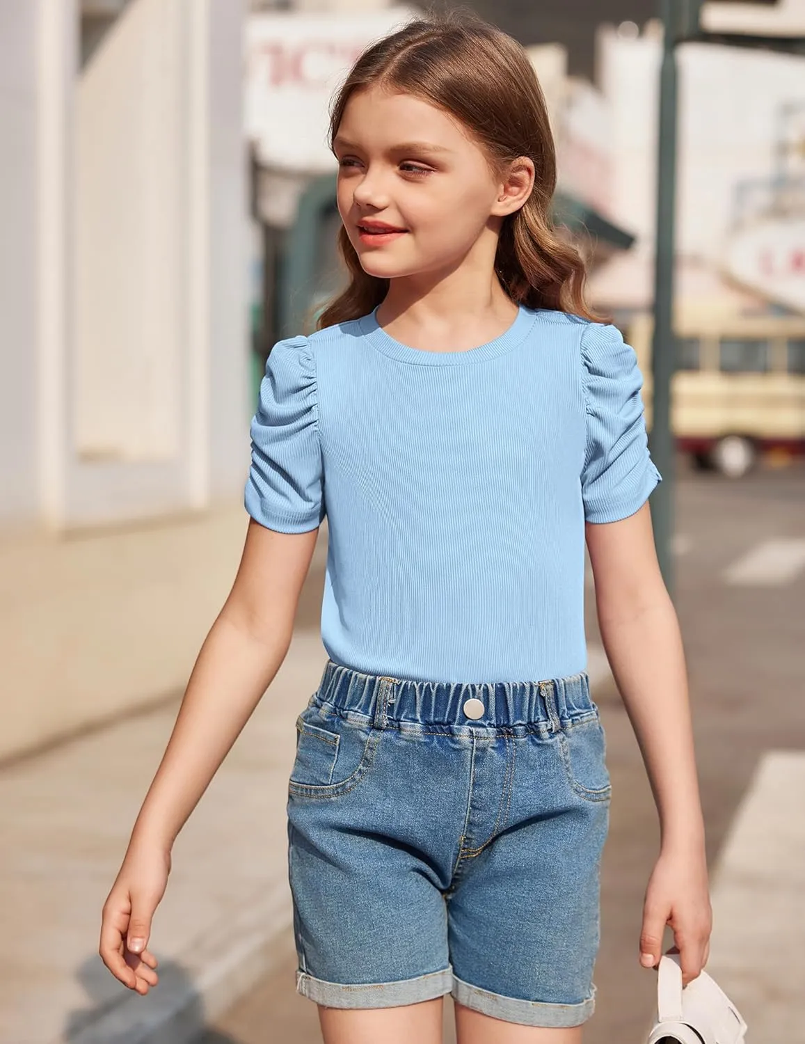 Arshiner Girls Puff Short Sleeve Shirts Summer Ribbed Knit Tee