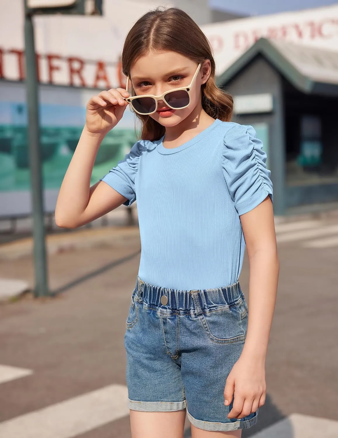 Arshiner Girls Puff Short Sleeve Shirts Summer Ribbed Knit Tee