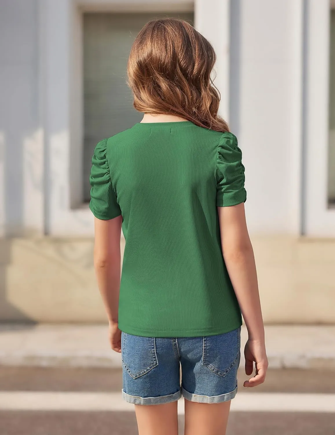Arshiner Girls Puff Short Sleeve Shirts Summer Ribbed Knit Tee