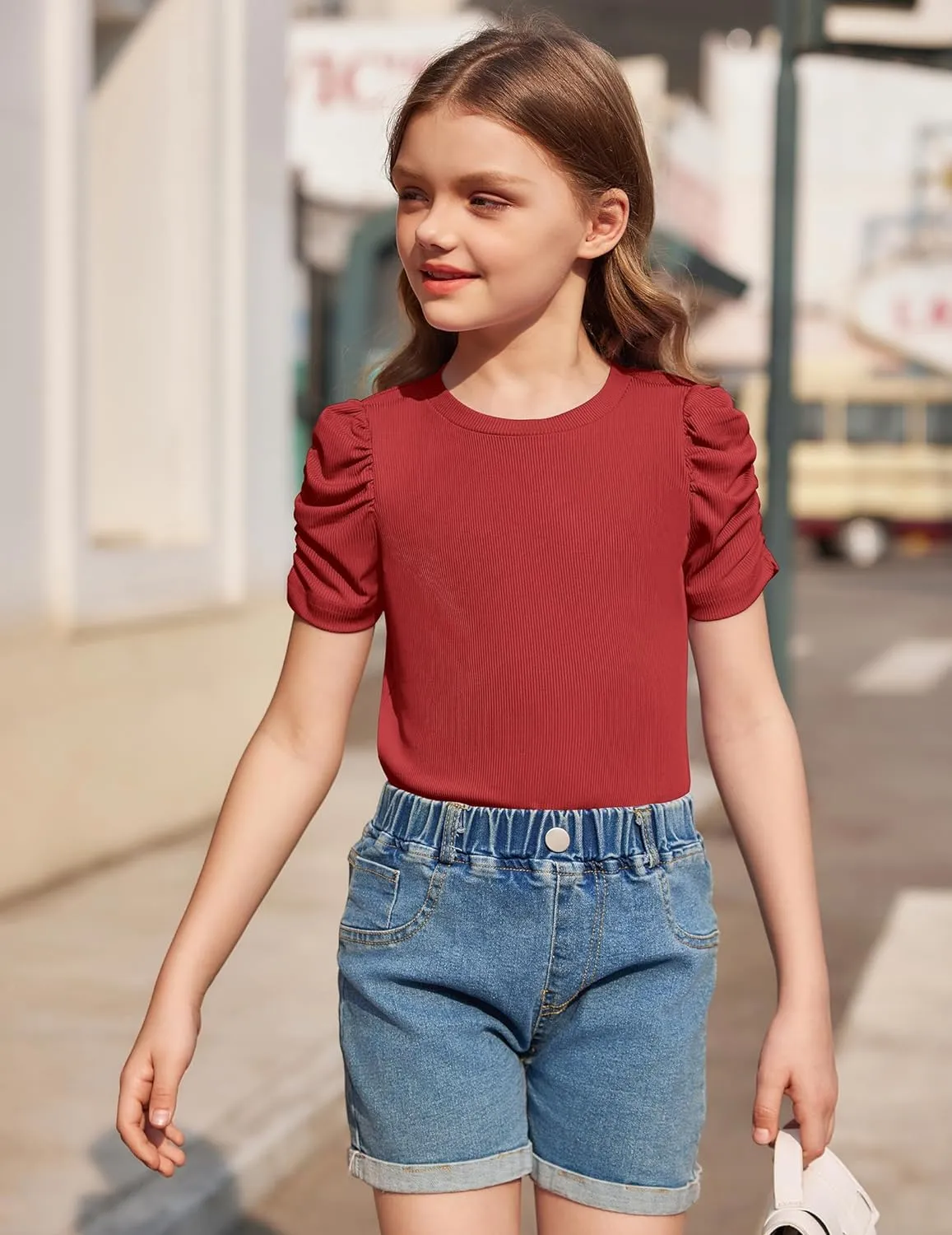 Arshiner Girls Puff Short Sleeve Shirts Summer Ribbed Knit Tee
