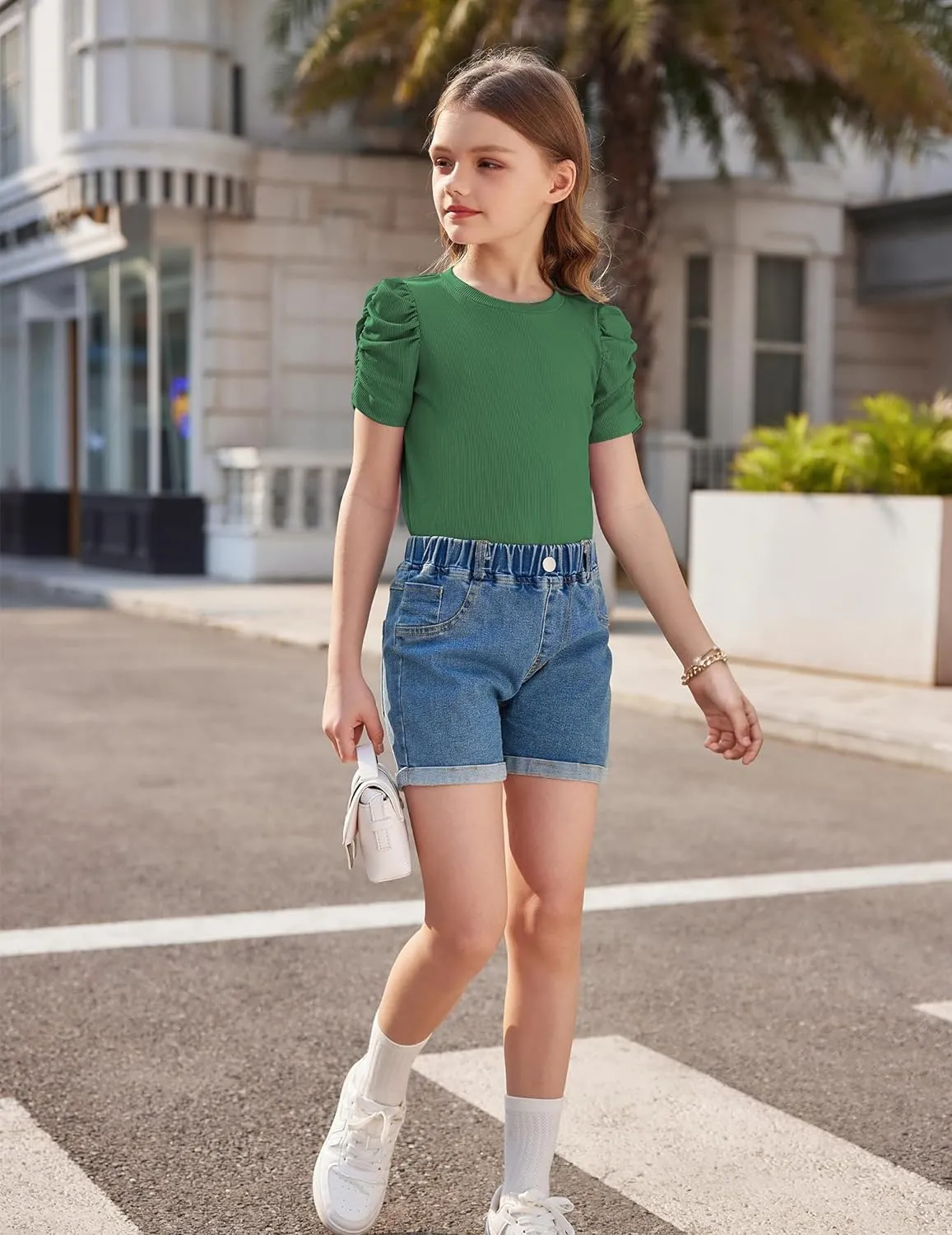 Arshiner Girls Puff Short Sleeve Shirts Summer Ribbed Knit Tee