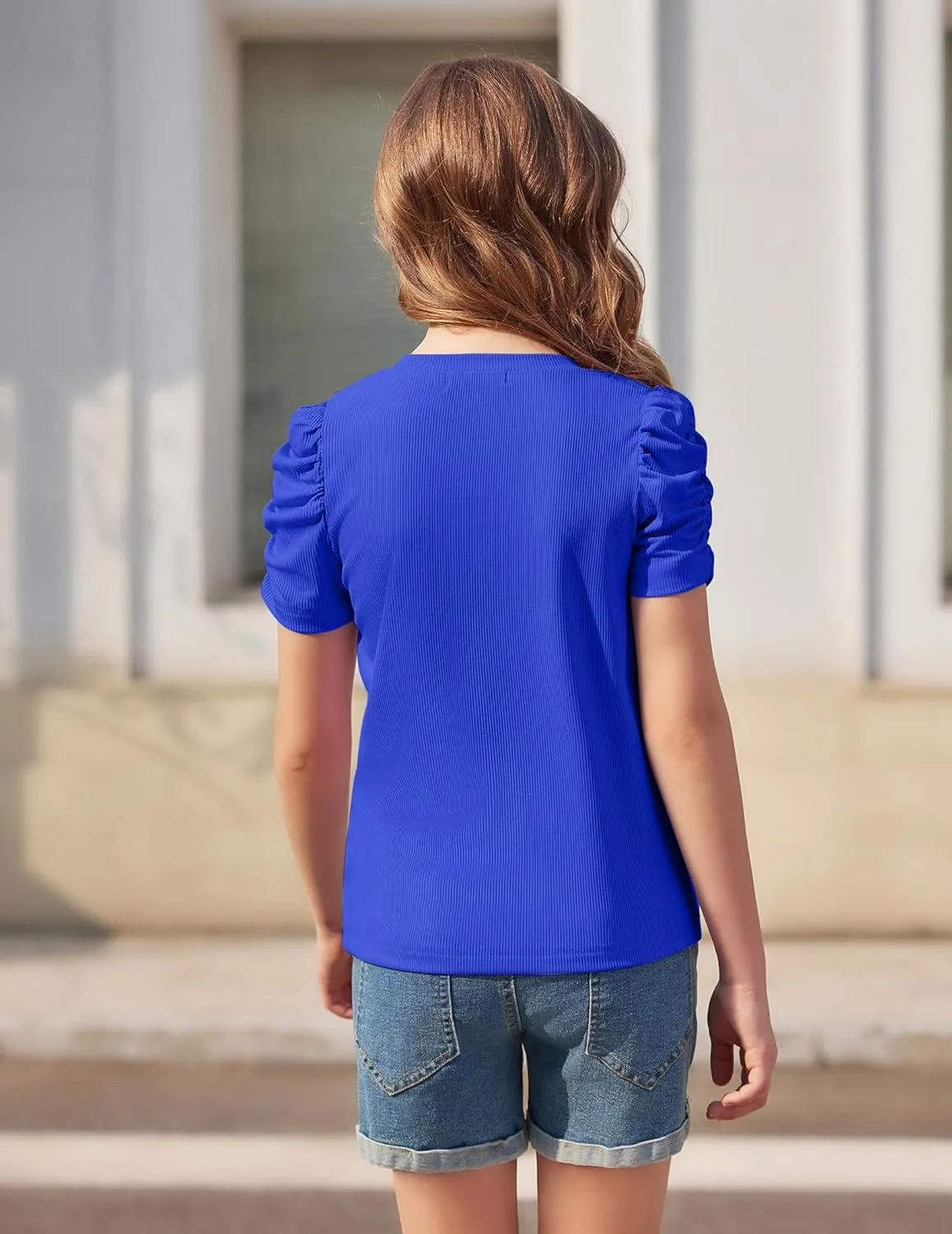 Arshiner Girls Puff Short Sleeve Shirts Summer Ribbed Knit Tee