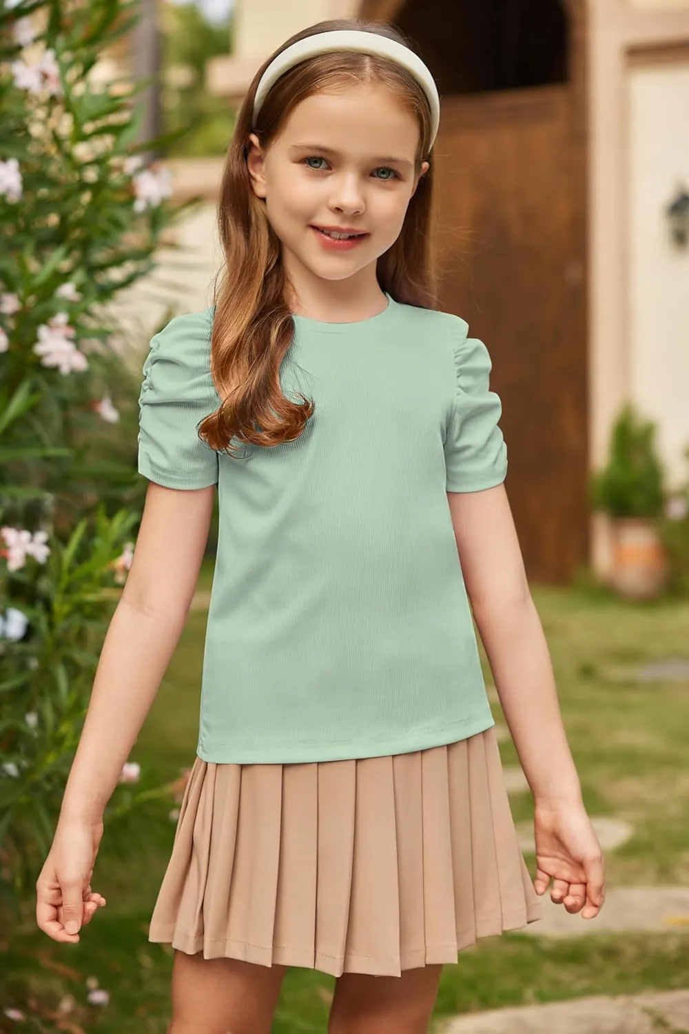 Arshiner Girls Puff Short Sleeve Shirts Summer Ribbed Knit Tee