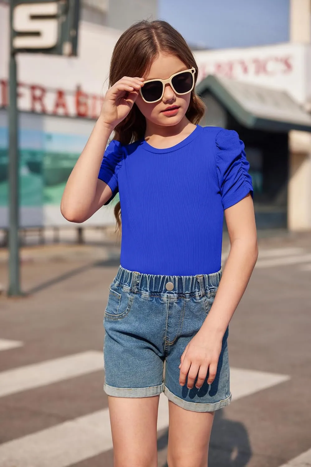 Arshiner Girls Puff Short Sleeve Shirts Summer Ribbed Knit Tee