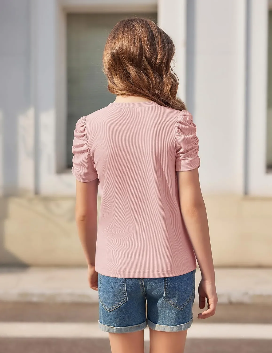 Arshiner Girls Puff Short Sleeve Shirts Summer Ribbed Knit Tee