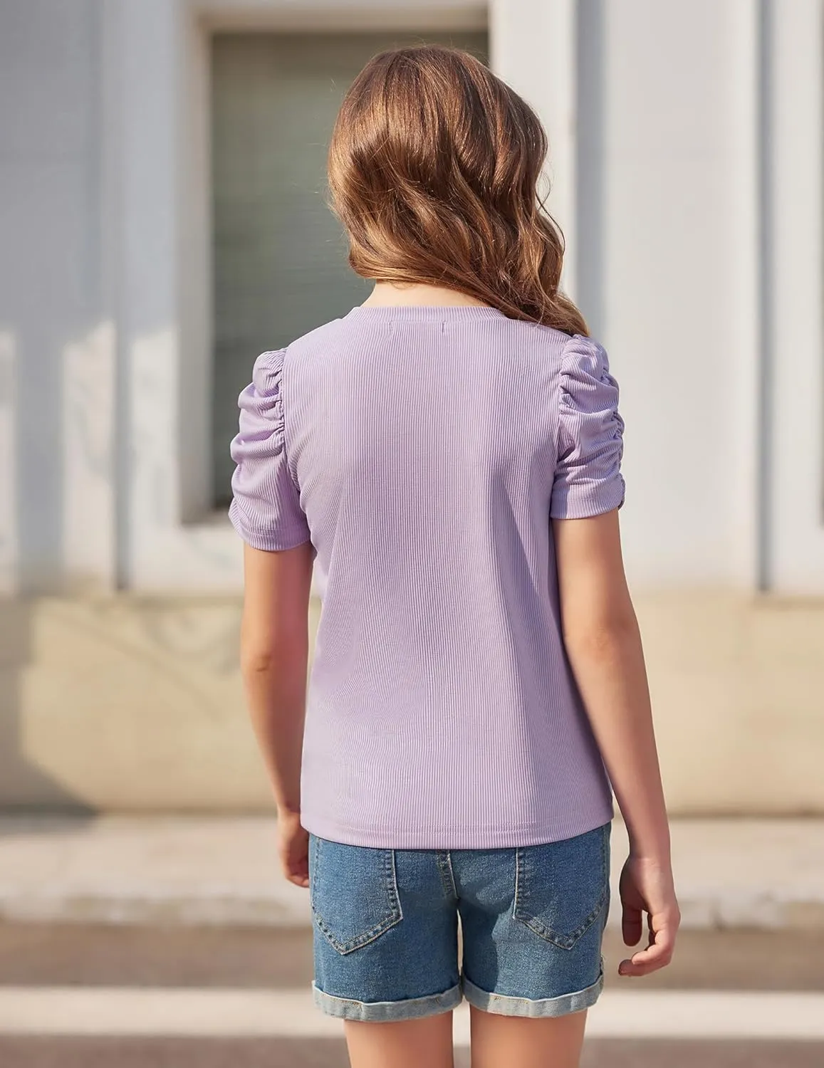Arshiner Girls Puff Short Sleeve Shirts Summer Ribbed Knit Tee