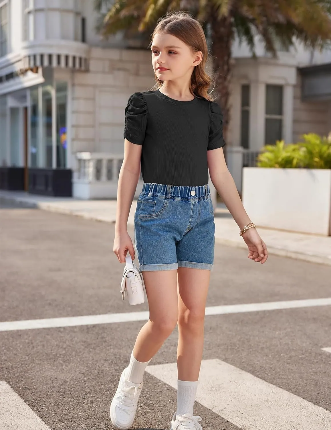 Arshiner Girls Puff Short Sleeve Shirts Summer Ribbed Knit Tee