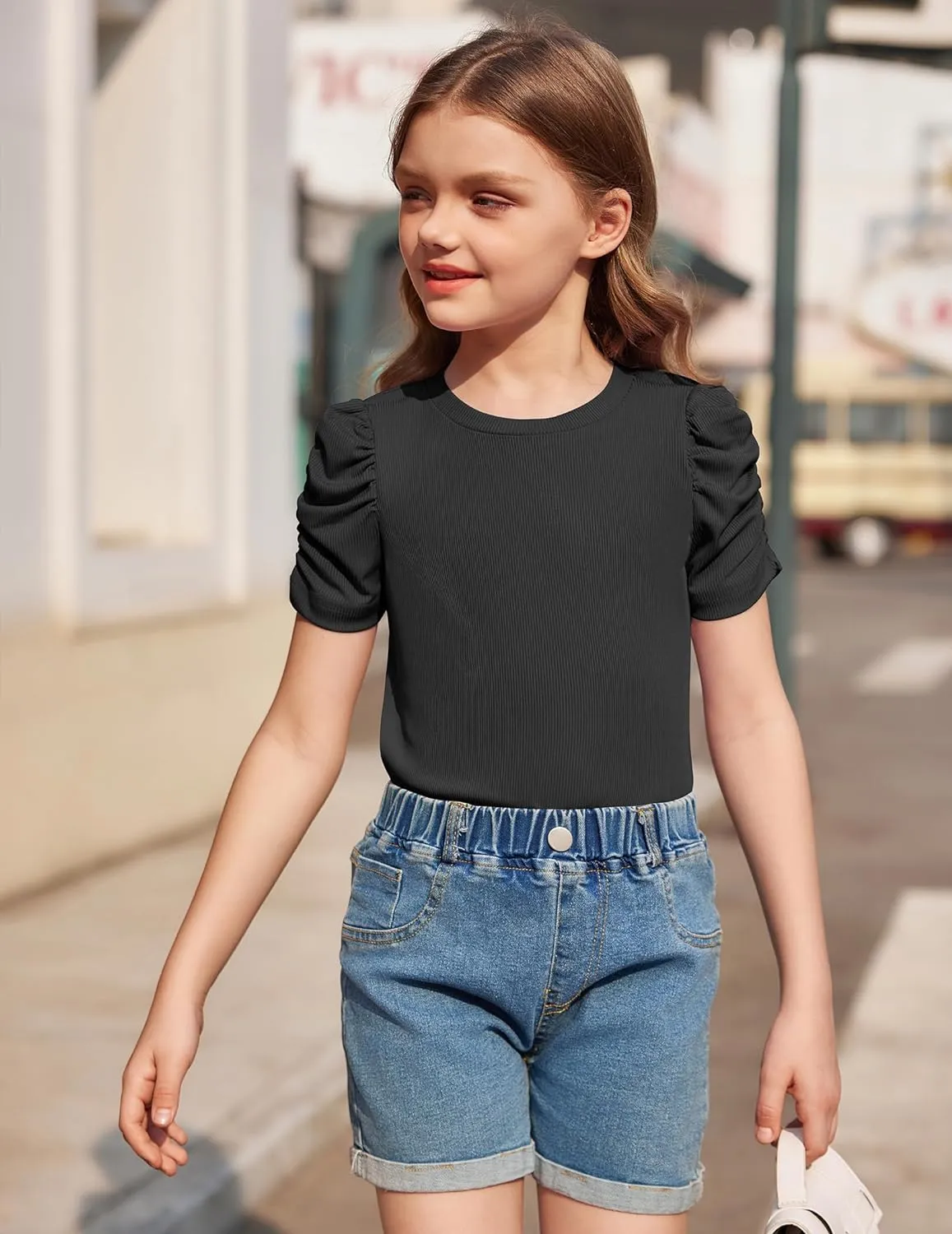 Arshiner Girls Puff Short Sleeve Shirts Summer Ribbed Knit Tee