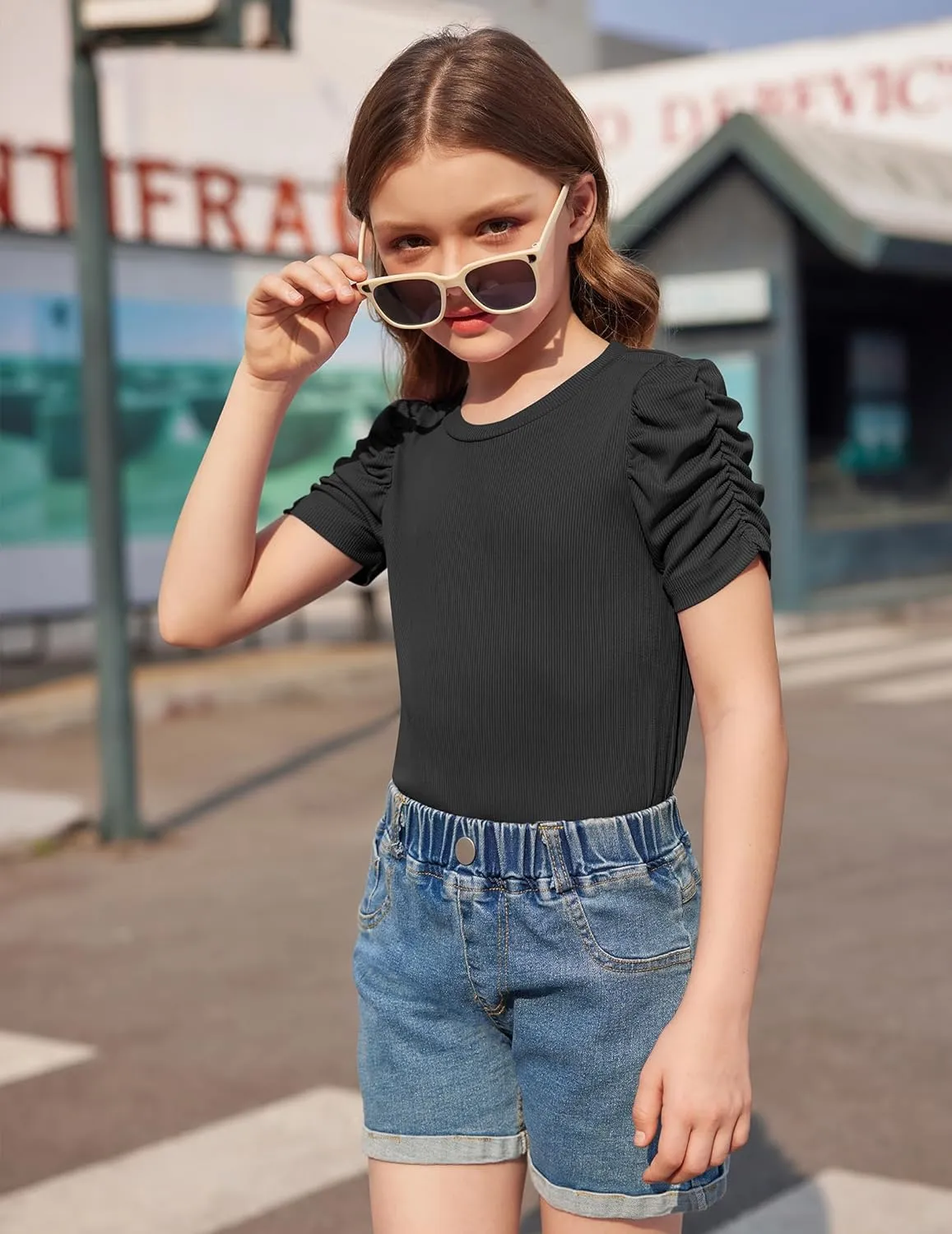 Arshiner Girls Puff Short Sleeve Shirts Summer Ribbed Knit Tee