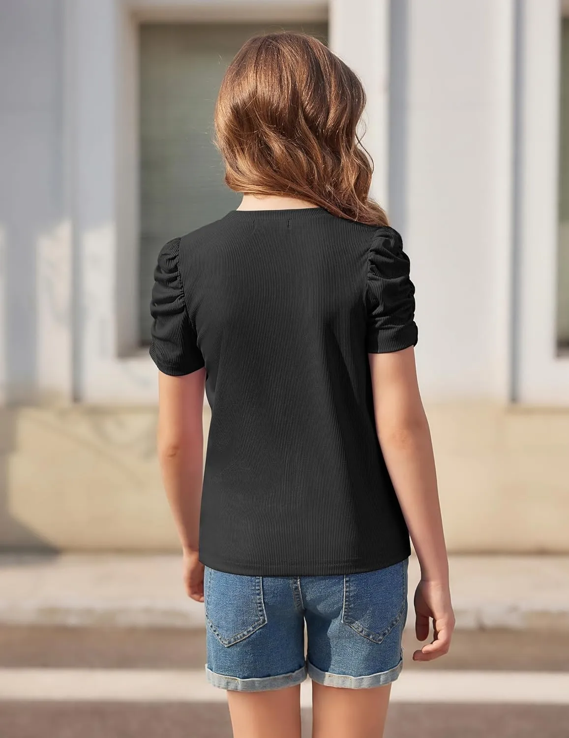 Arshiner Girls Puff Short Sleeve Shirts Summer Ribbed Knit Tee