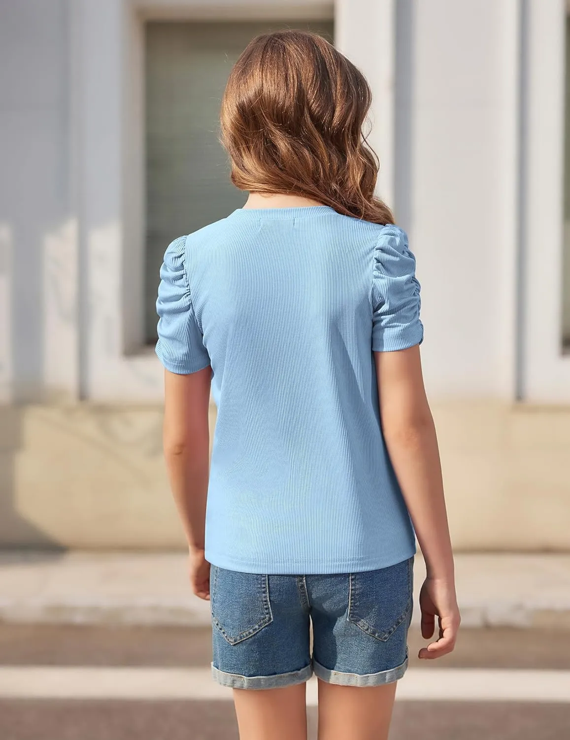 Arshiner Girls Puff Short Sleeve Shirts Summer Ribbed Knit Tee