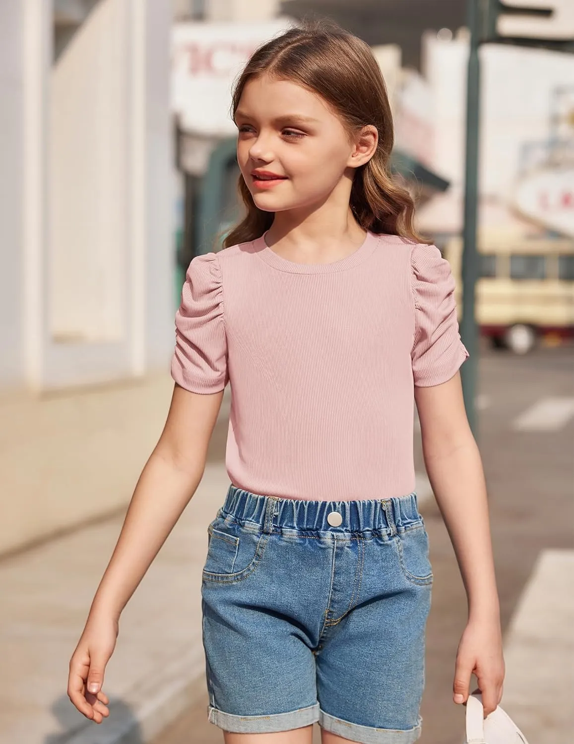 Arshiner Girls Puff Short Sleeve Shirts Summer Ribbed Knit Tee