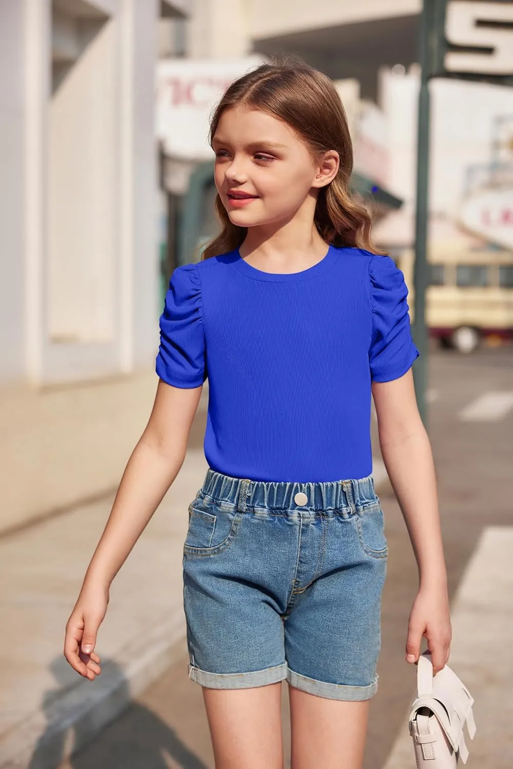 Arshiner Girls Puff Short Sleeve Shirts Summer Ribbed Knit Tee