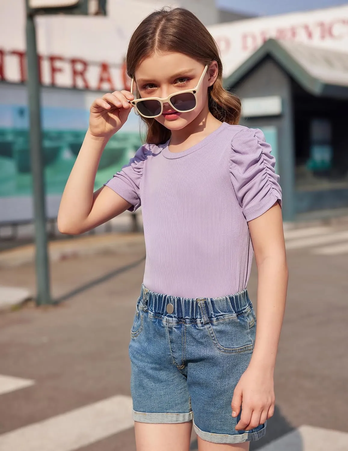 Arshiner Girls Puff Short Sleeve Shirts Summer Ribbed Knit Tee
