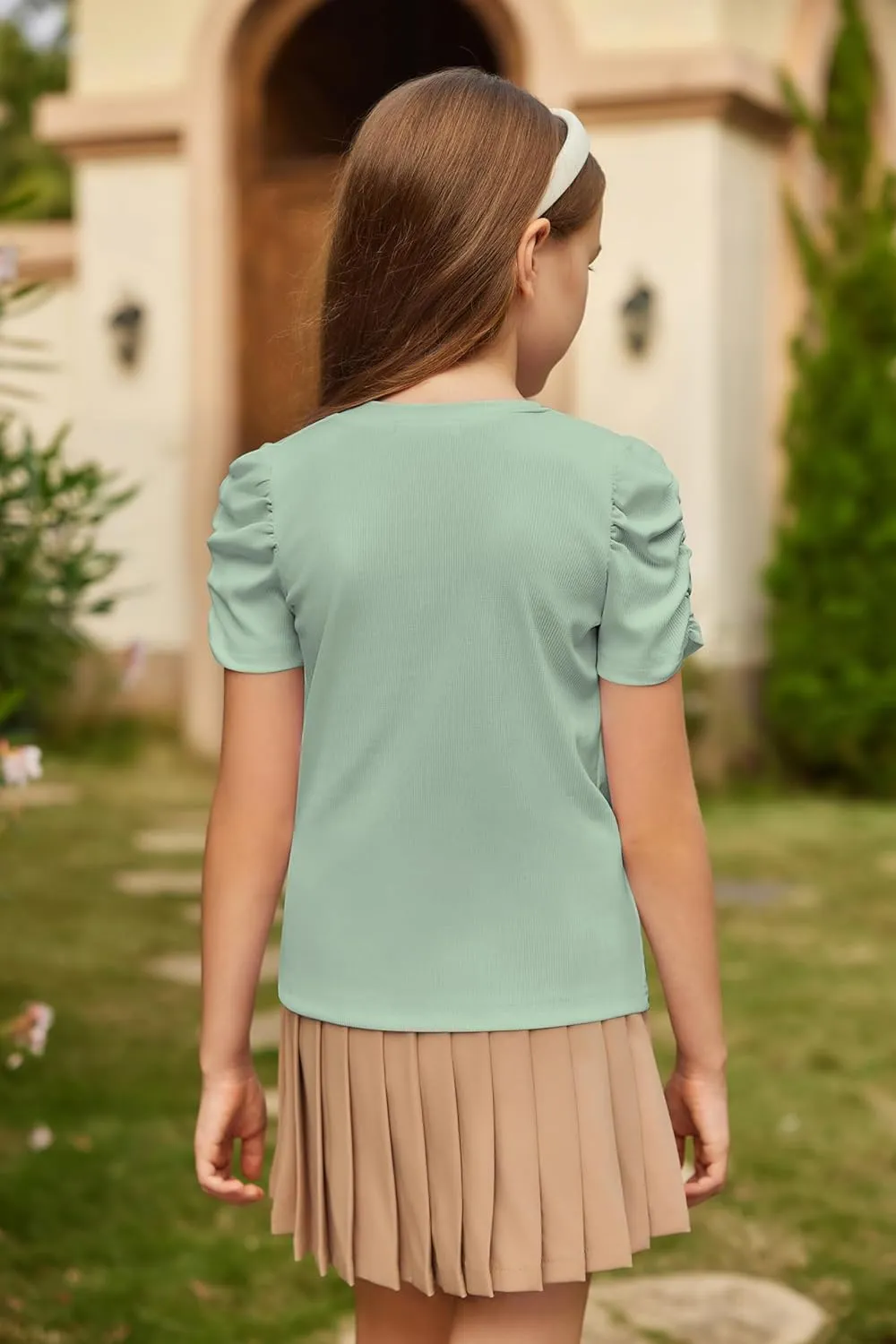 Arshiner Girls Puff Short Sleeve Shirts Summer Ribbed Knit Tee