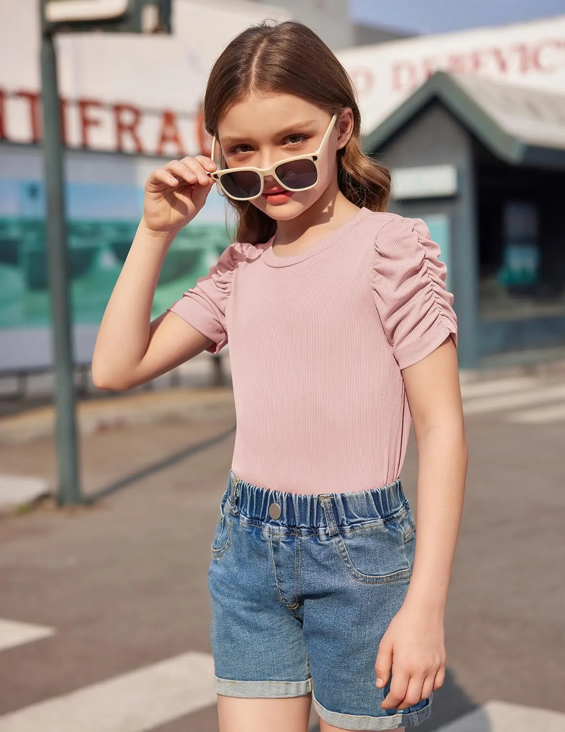 Arshiner Girls Puff Short Sleeve Shirts Summer Ribbed Knit Tee