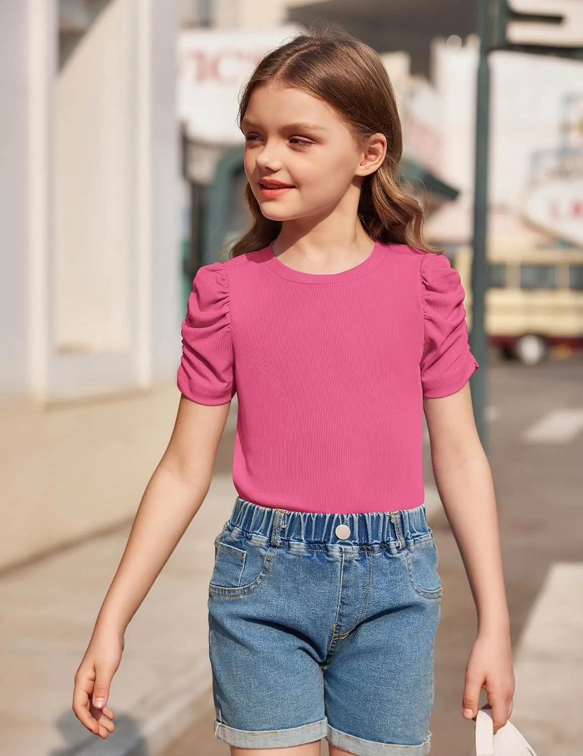 Arshiner Girls Puff Short Sleeve Shirts Summer Ribbed Knit Tee