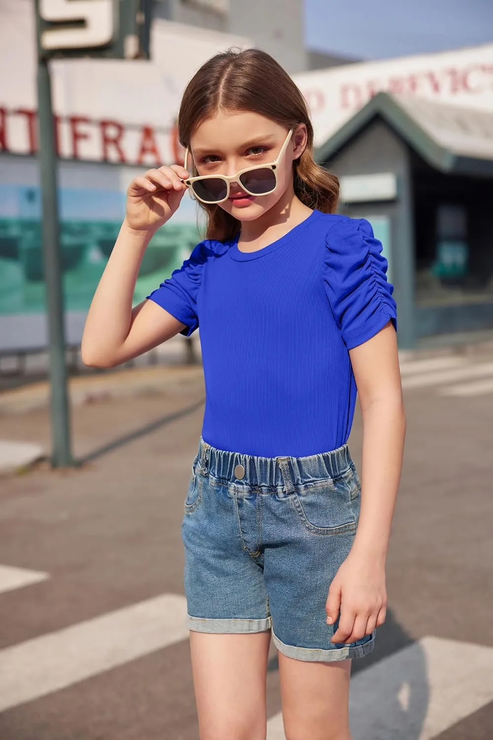 Arshiner Girls Puff Short Sleeve Shirts Summer Ribbed Knit Tee
