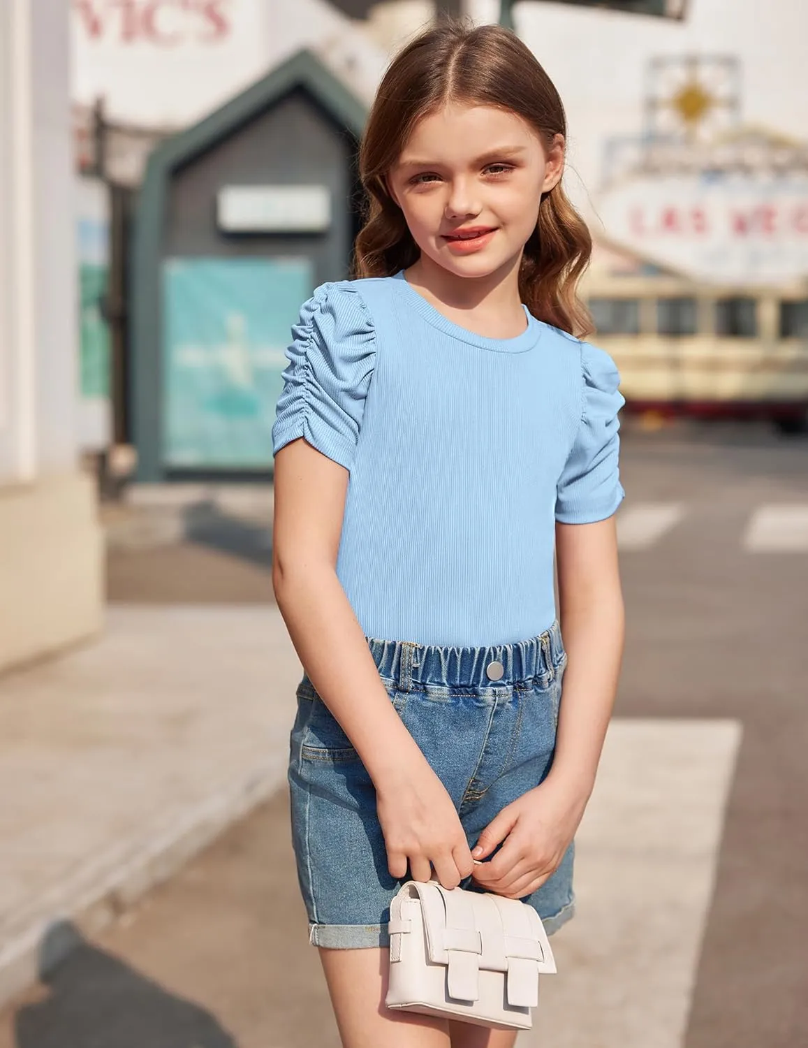 Arshiner Girls Puff Short Sleeve Shirts Summer Ribbed Knit Tee