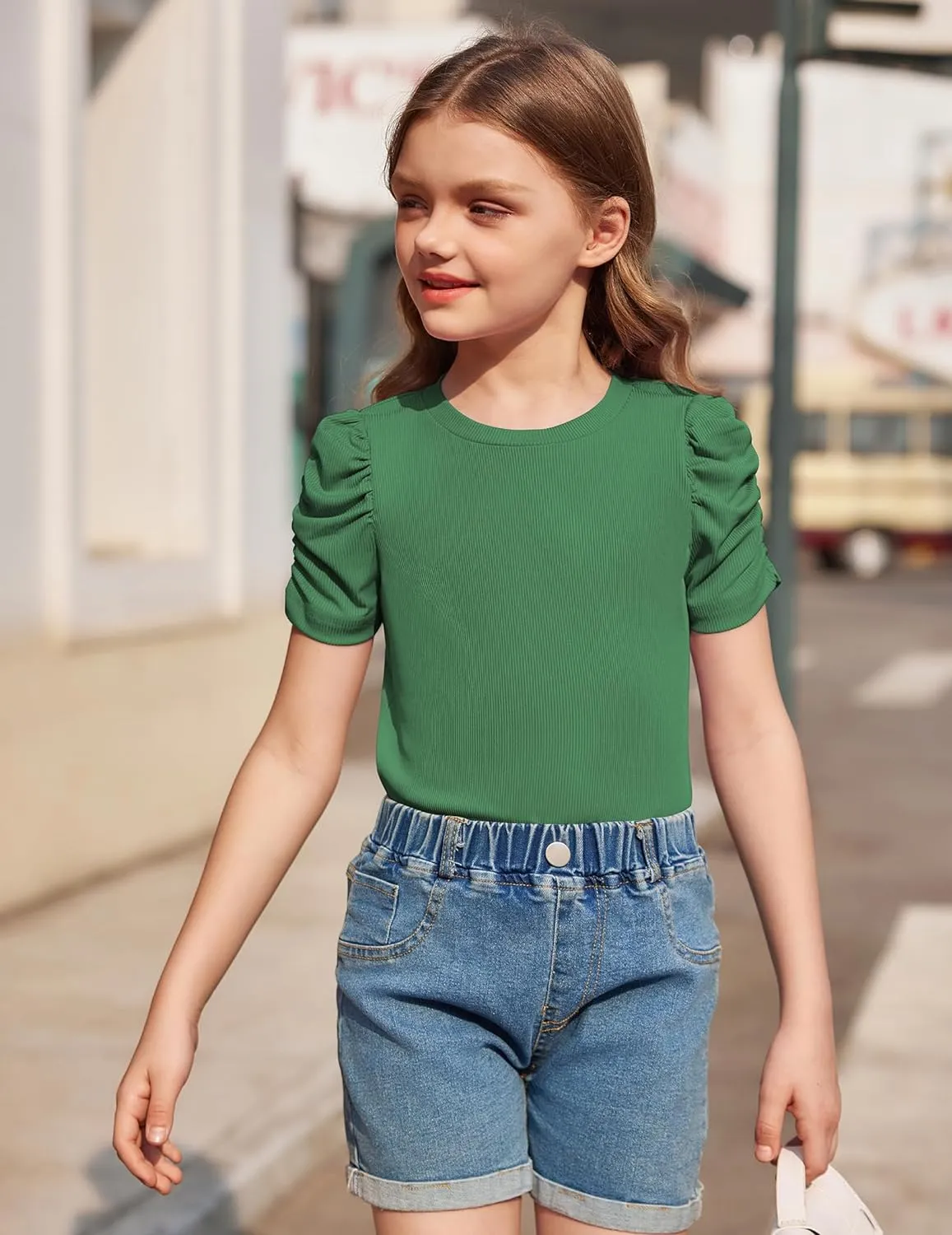 Arshiner Girls Puff Short Sleeve Shirts Summer Ribbed Knit Tee
