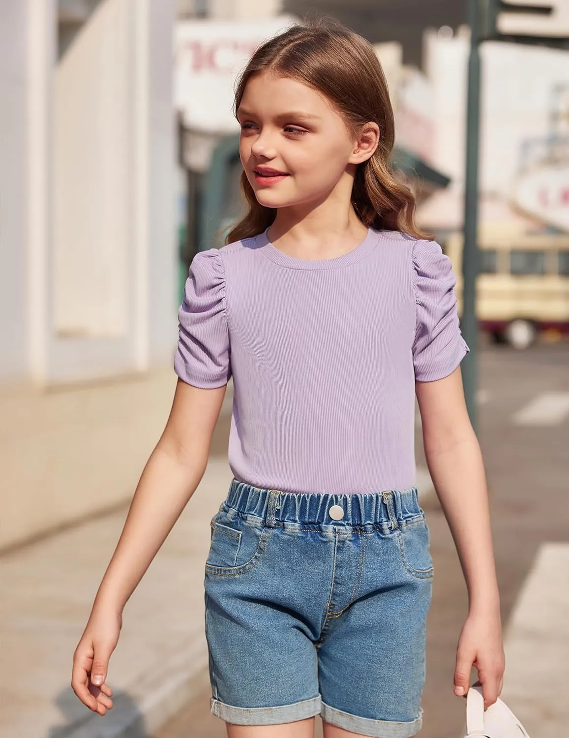 Arshiner Girls Puff Short Sleeve Shirts Summer Ribbed Knit Tee