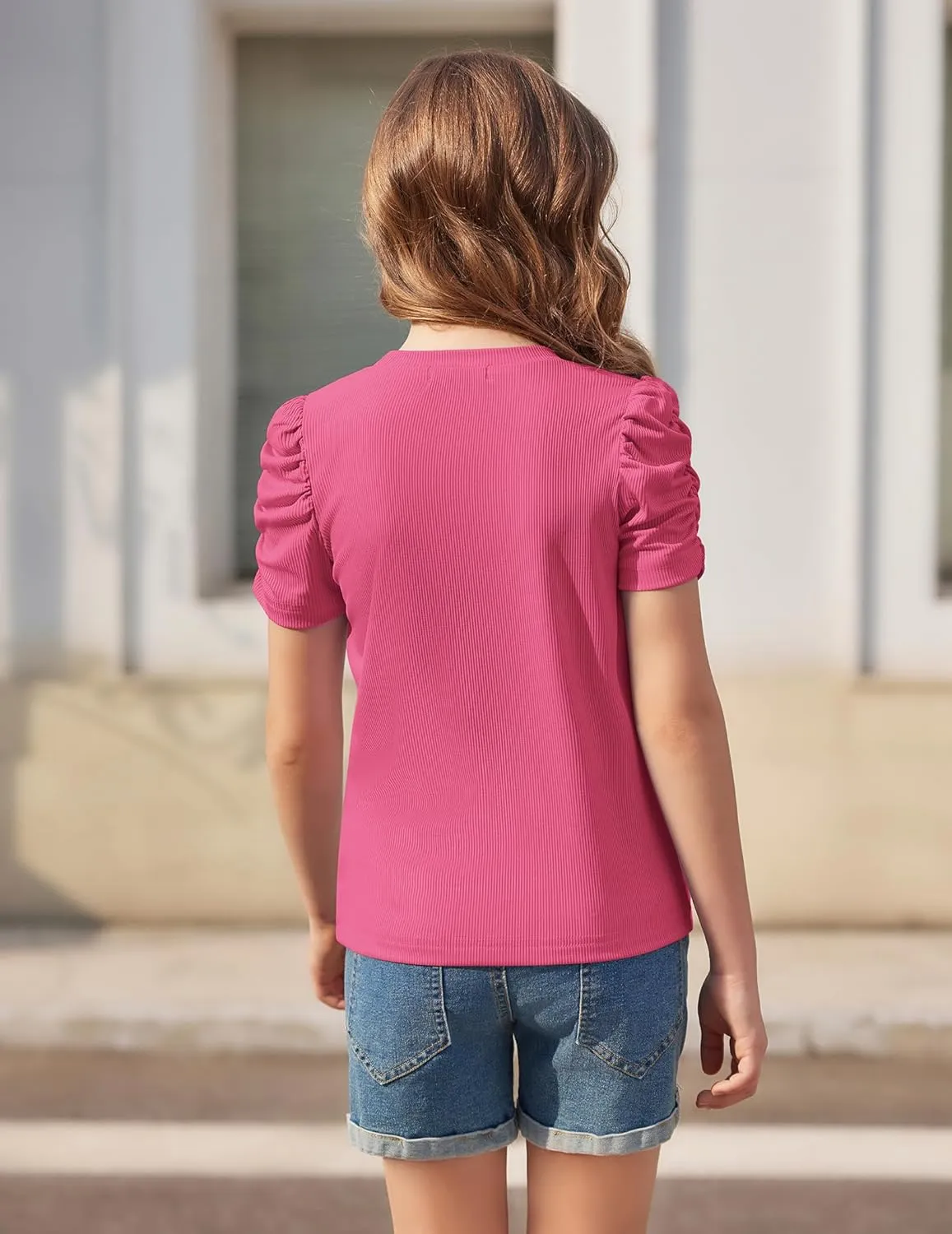 Arshiner Girls Puff Short Sleeve Shirts Summer Ribbed Knit Tee