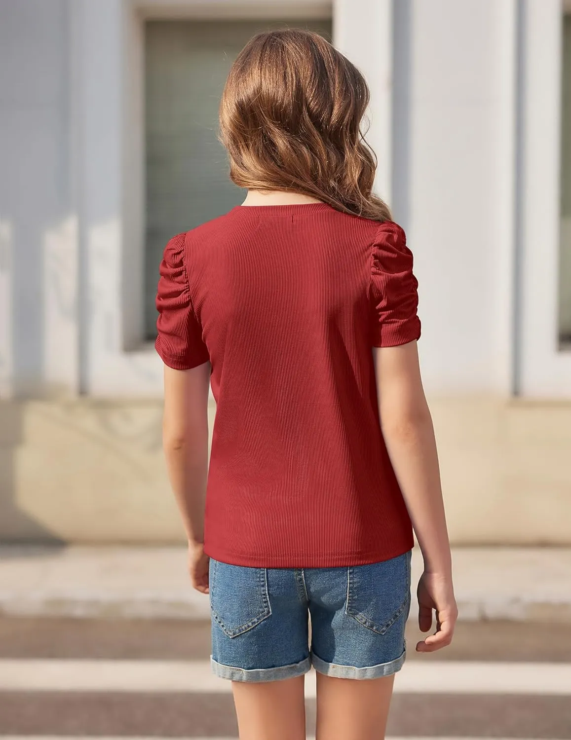 Arshiner Girls Puff Short Sleeve Shirts Summer Ribbed Knit Tee