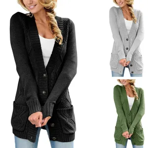 Autumn Style Deep V-neck Buttons Pockets Long Women Cardigan