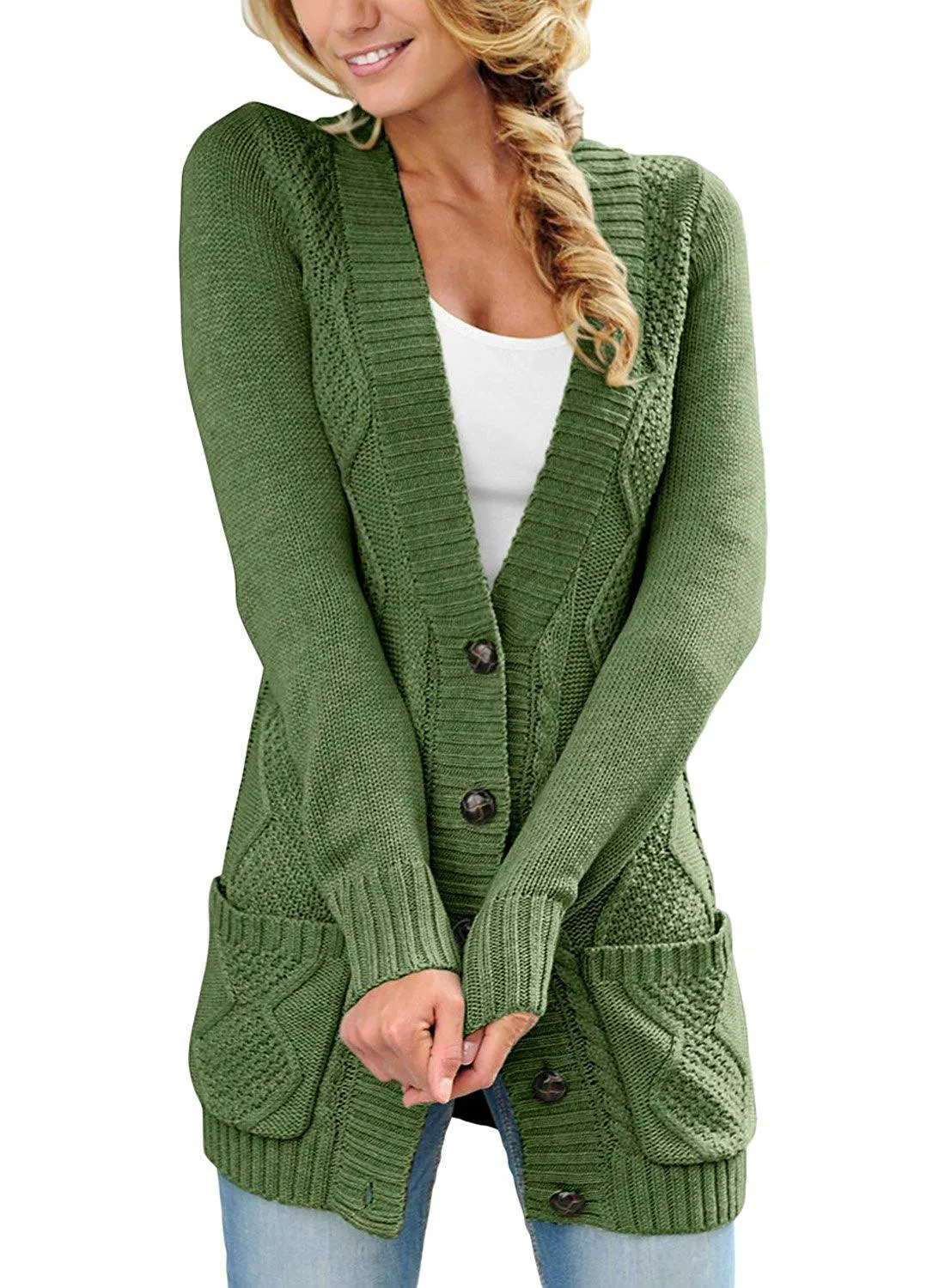 Autumn Style Deep V-neck Buttons Pockets Long Women Cardigan