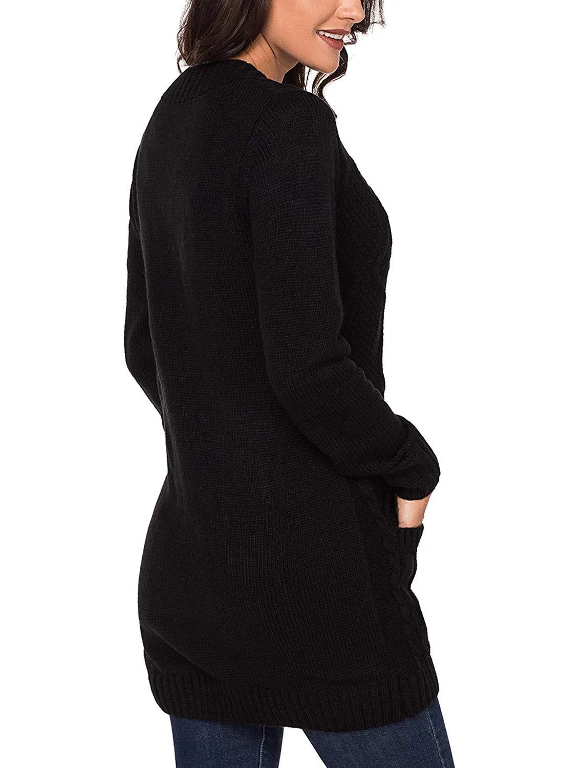 Autumn Style Deep V-neck Buttons Pockets Long Women Cardigan