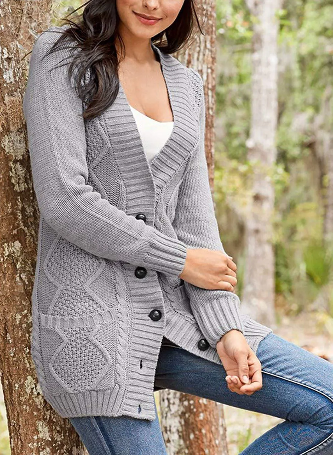 Autumn Style Deep V-neck Buttons Pockets Long Women Cardigan