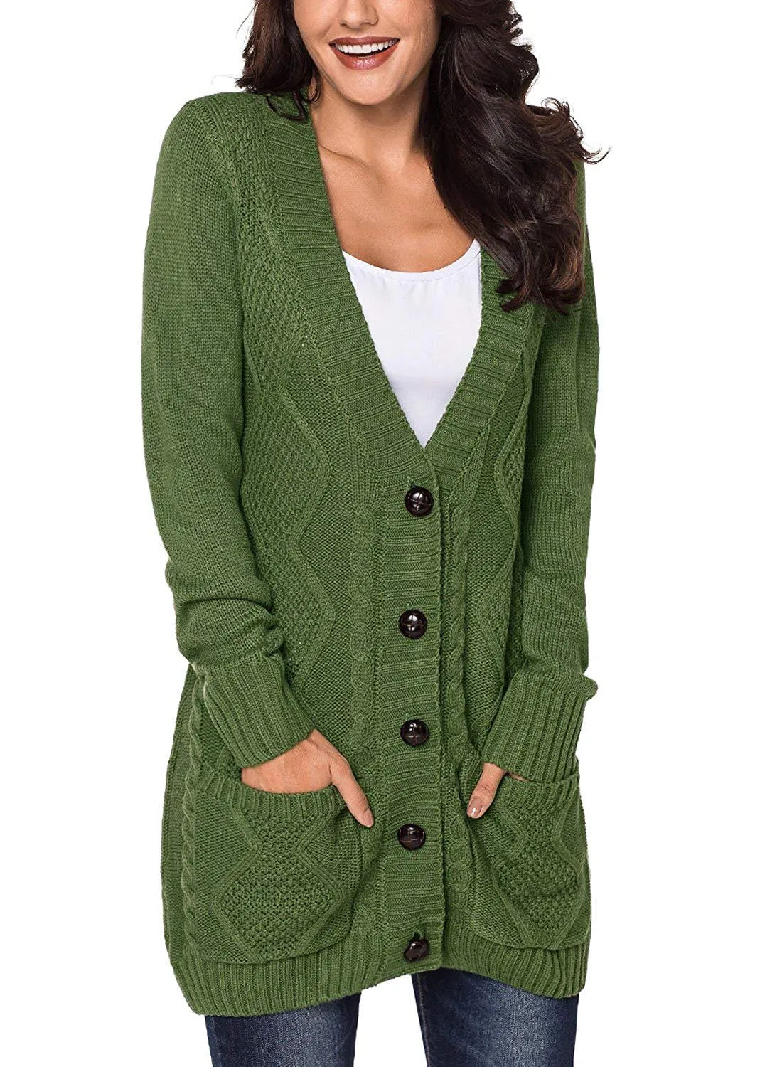 Autumn Style Deep V-neck Buttons Pockets Long Women Cardigan