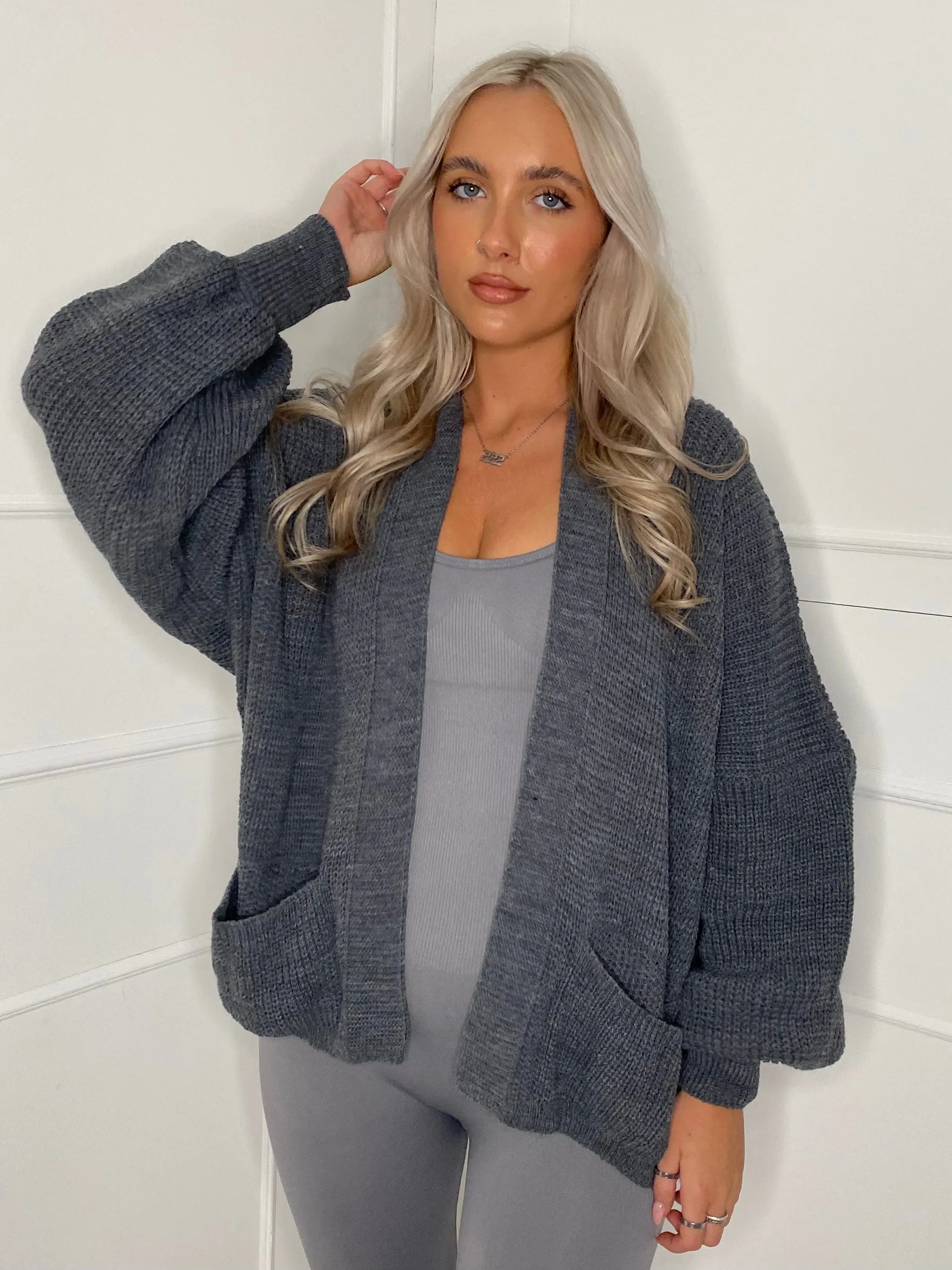 Balloon Sleeve Knitted Cardigan - Dark Grey