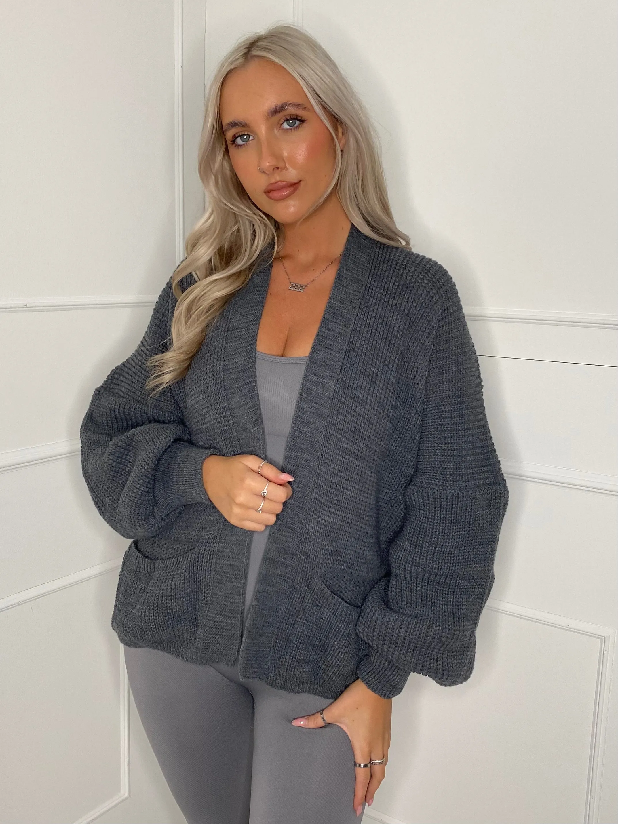 Balloon Sleeve Knitted Cardigan - Dark Grey