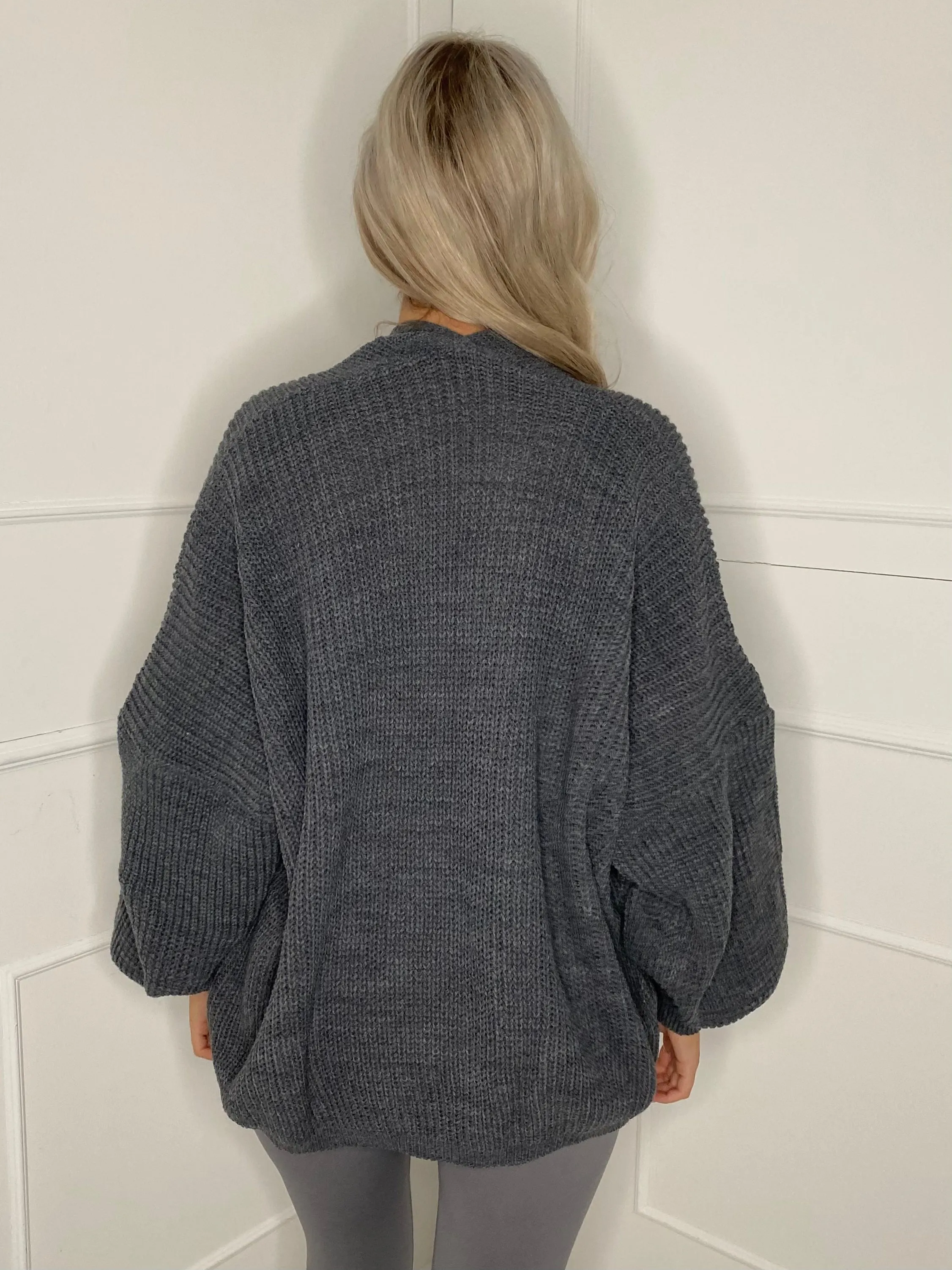 Balloon Sleeve Knitted Cardigan - Dark Grey
