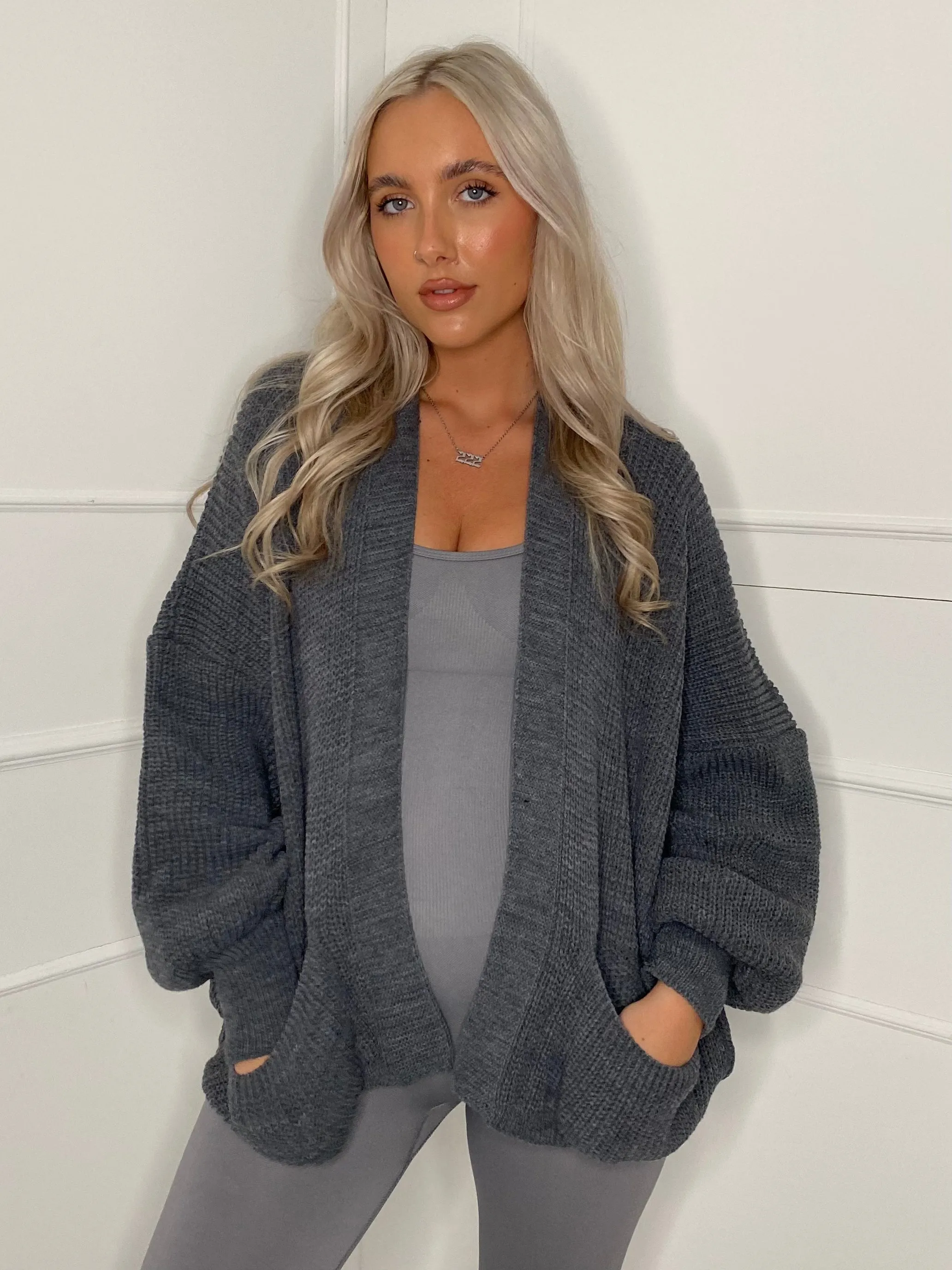 Balloon Sleeve Knitted Cardigan - Dark Grey