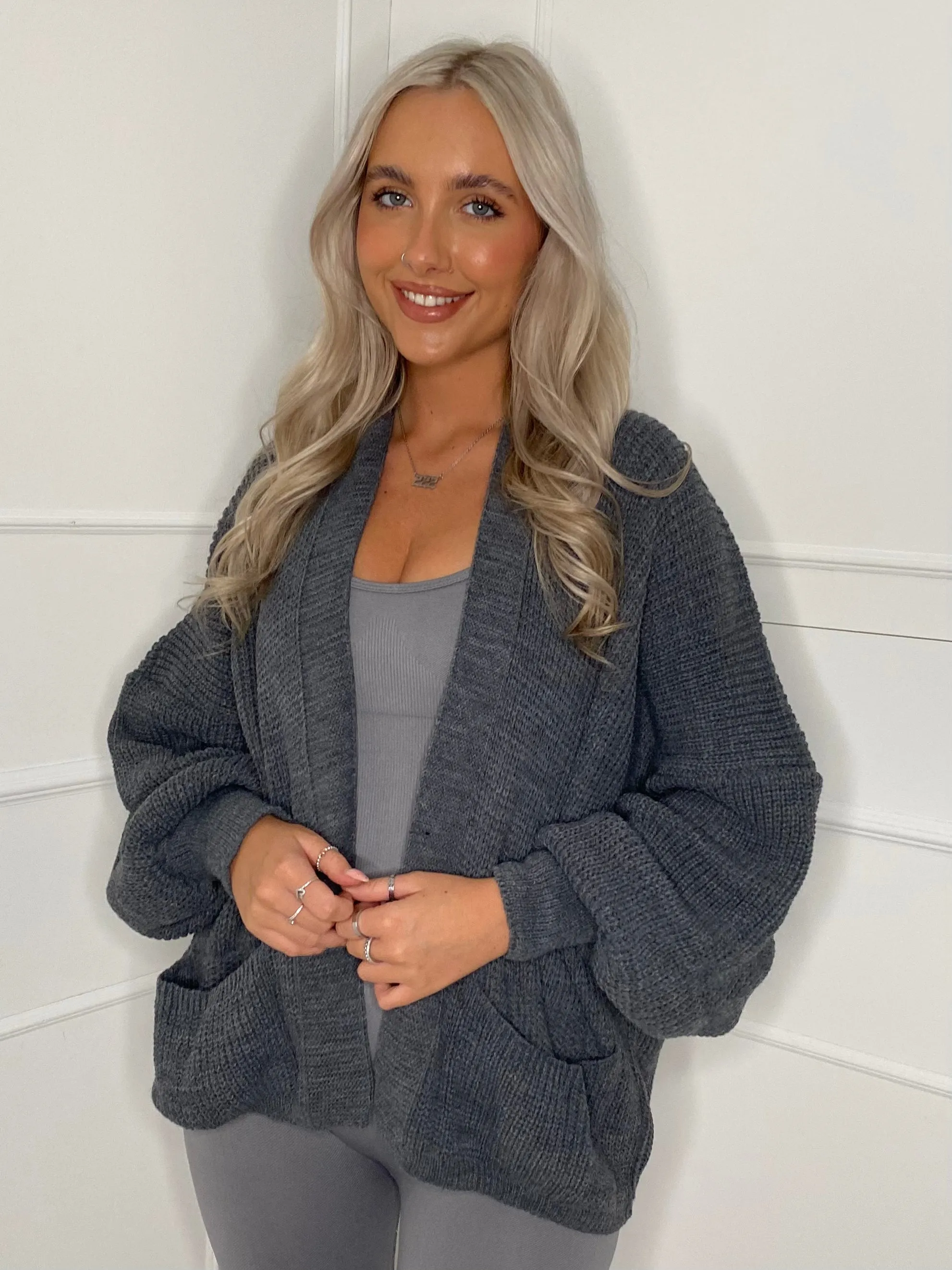 Balloon Sleeve Knitted Cardigan - Dark Grey