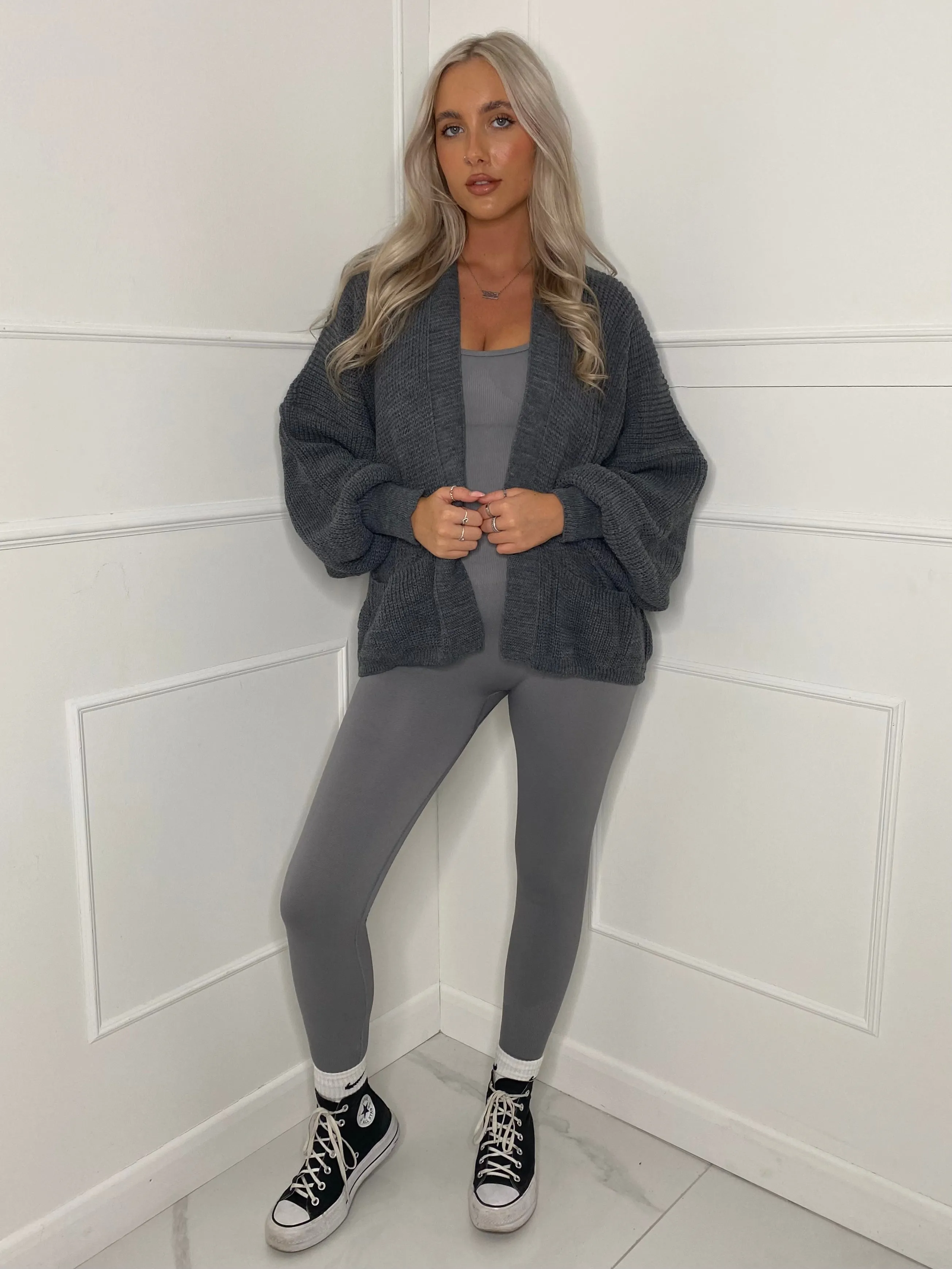 Balloon Sleeve Knitted Cardigan - Dark Grey