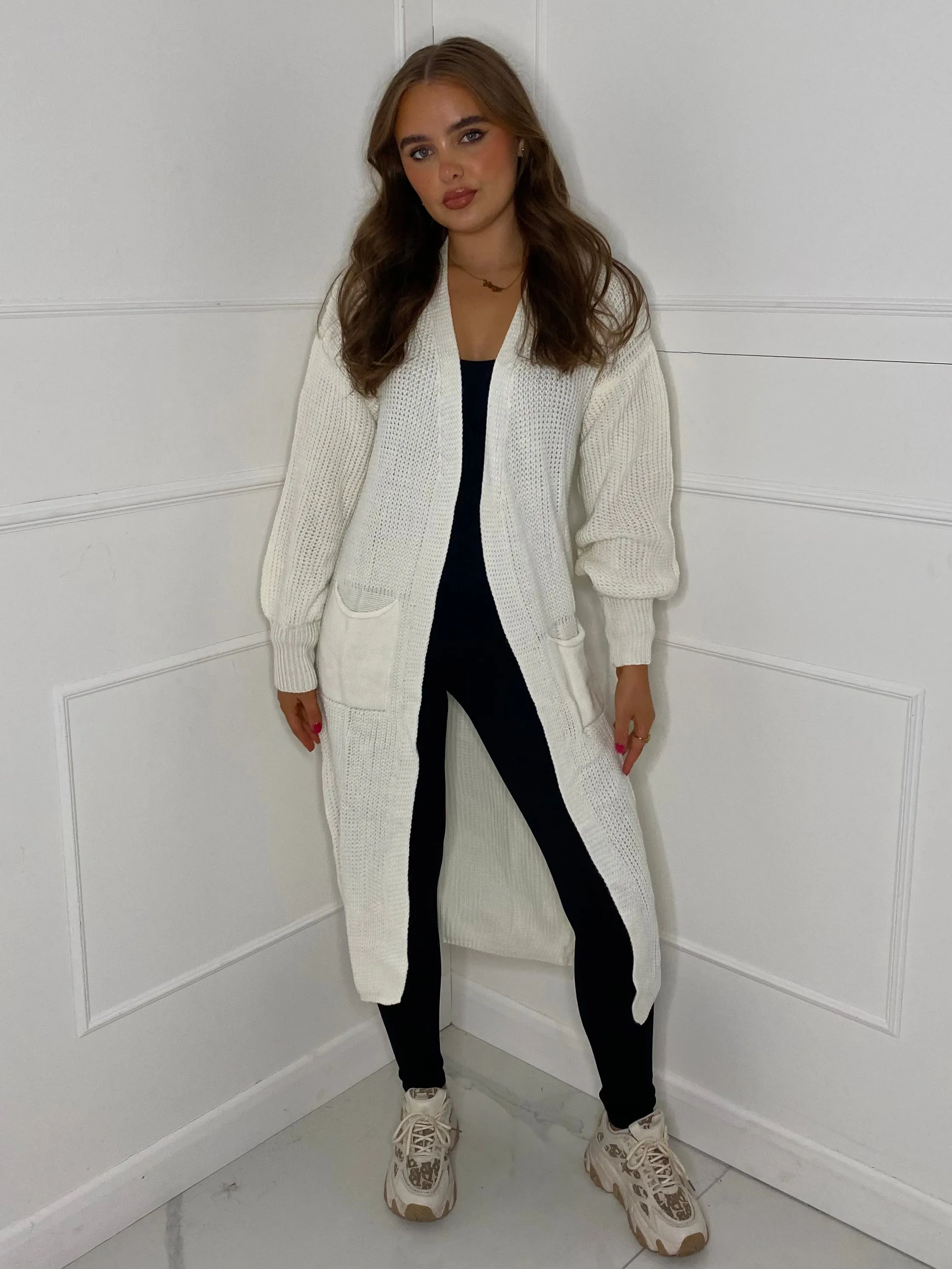 Balloon Sleeve Long Knitted Cardigan - White