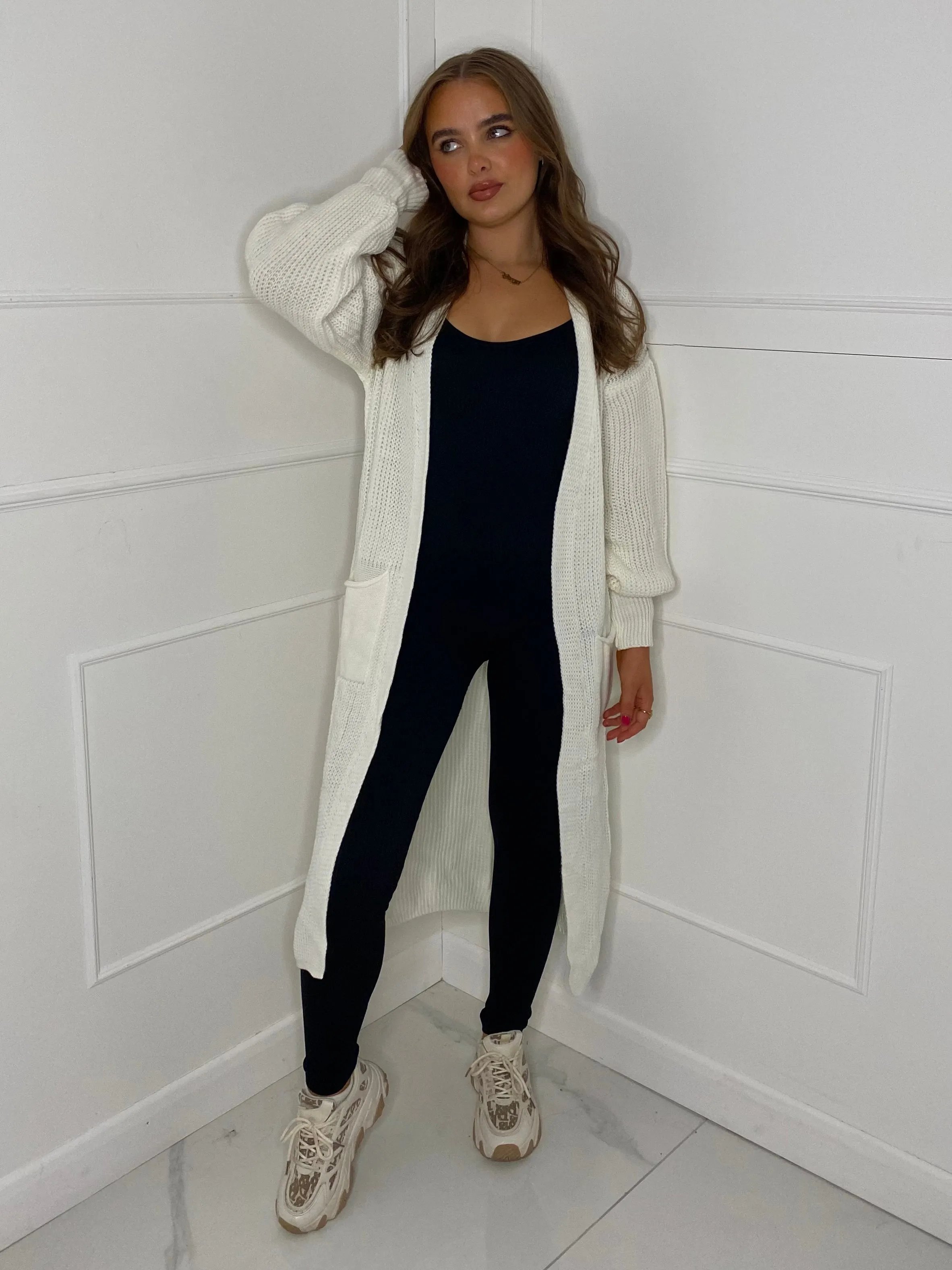 Balloon Sleeve Long Knitted Cardigan - White