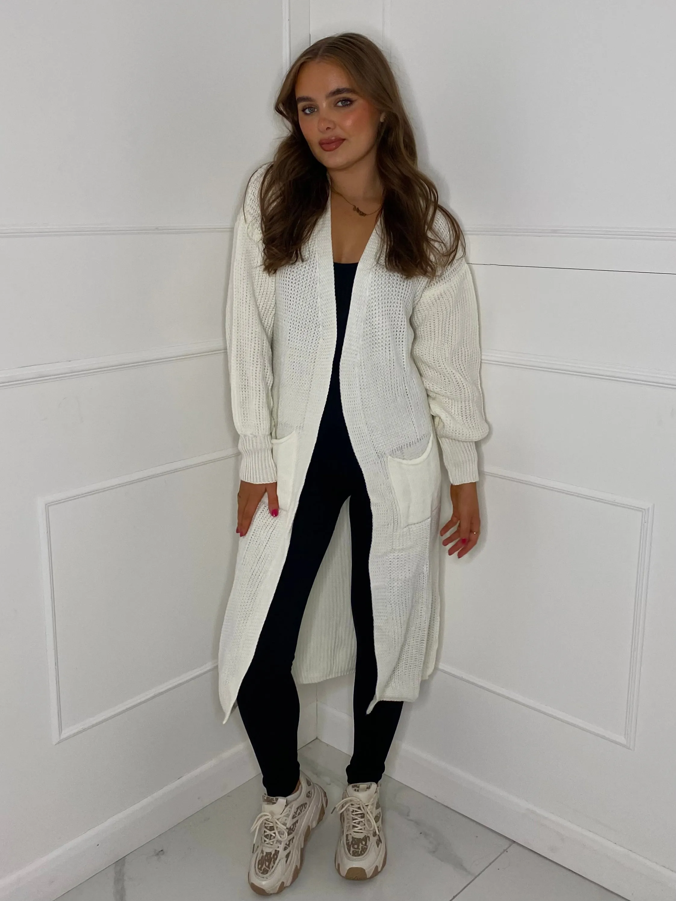Balloon Sleeve Long Knitted Cardigan - White