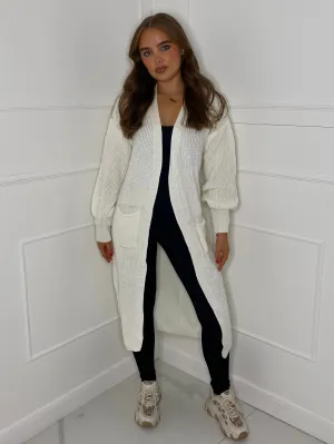 Balloon Sleeve Long Knitted Cardigan - White