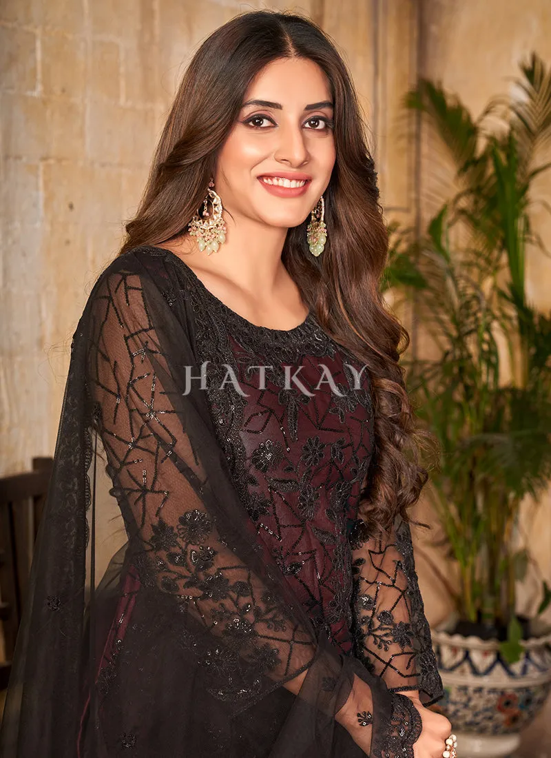 Black And Maroon Sequence Embroidered Pant Suit