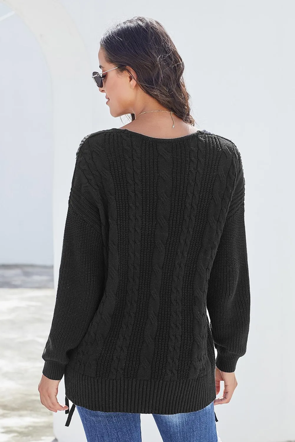 Black Love Letters Lace Up Cable Knit Sweater